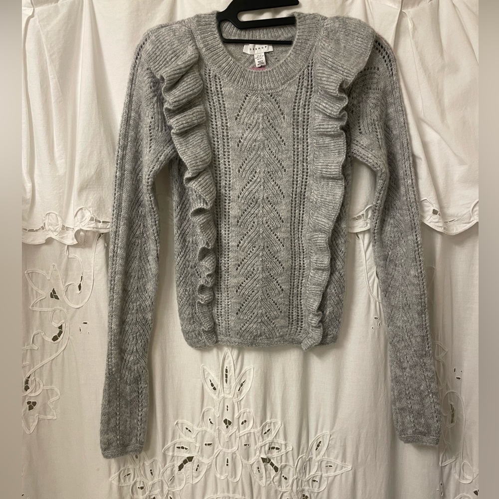 ASOS Topshop Ruffle Pointelle Crewneck Cropped Sweater, Light Gray - Picture 5 of 12